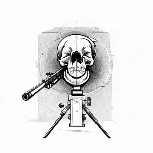 A Detailed Sketch Of A Sniper Aiming Through A Skull-shaped Scope