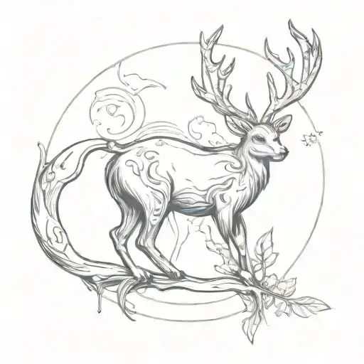 Black Cat With Deer Antlers Holding Up A Crescent