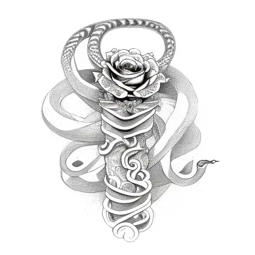 Dagger With A Snake Around It And Flowers On The Sides