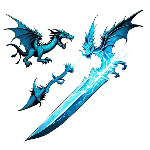 Three Dragons Of Different Sizes Flying Around A Dagger That Has Lightningcarved Into The Blade