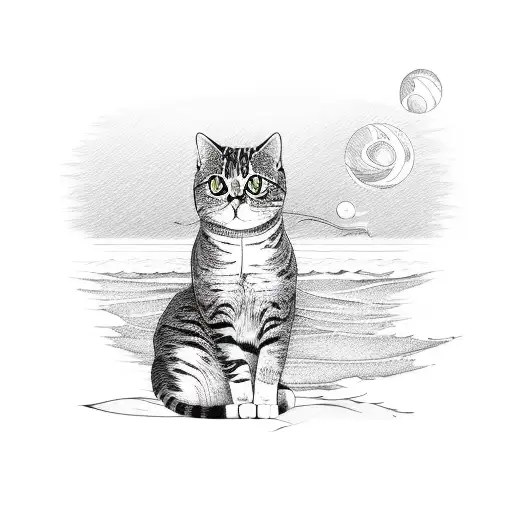 A Cat Sitting On A Sandy Beach With A Glowing Sunset In The Background