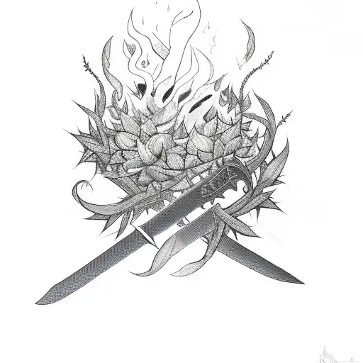 Sword On Fire Surrounded By Thorns And Flowers