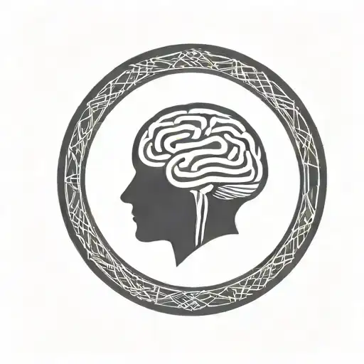 A Brain Inside A Simple Thick Black Line Circular Frame With Geometric Patterns Shooting From It