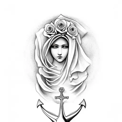 Virgen Mary With Anchor Background And Roses