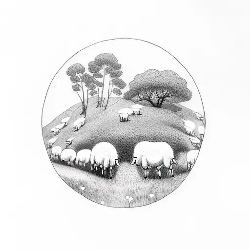 A Minimalist Tattoo Of A Group Of Sheep And Goats Grazing Peacefully In A Meadow