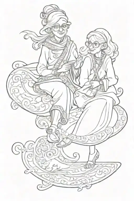 Old Lady And Little Girl On Magic Carpet Curving