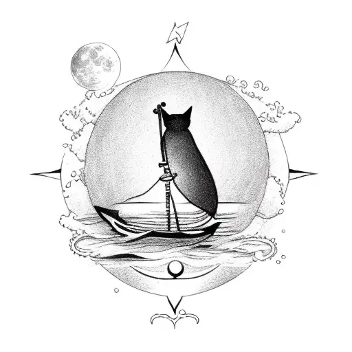 A Cat Sailing On A Moonlit Sea With A Compass As Its Guide