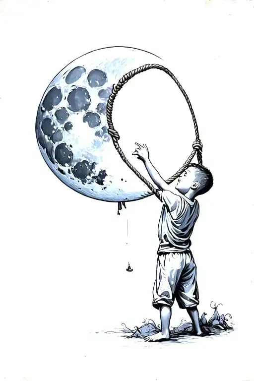 A Boy Trying To Pulling Moon With Rope