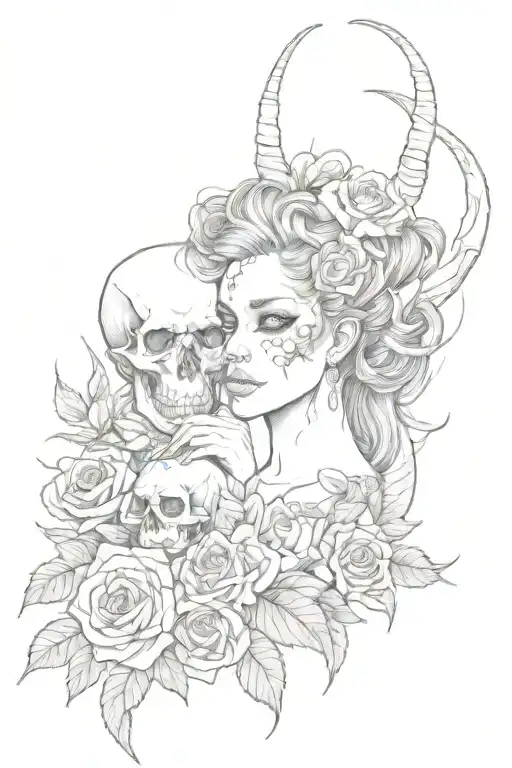Woman Demon With Roses And Skull