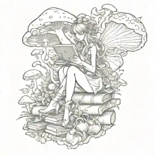 Fairy Surrounded By Mushroom Garden Scene With Books