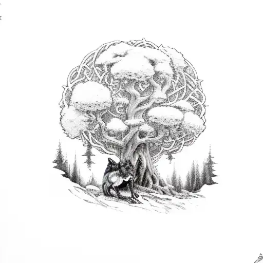 Sleeve Knight Infront Of An Oak Tree With A Wolf And Rose Intertwined