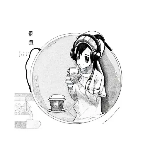 Anime Girl With Headphones Enjoying A Cup Of Coffee In A Serene Anti-stress Setting