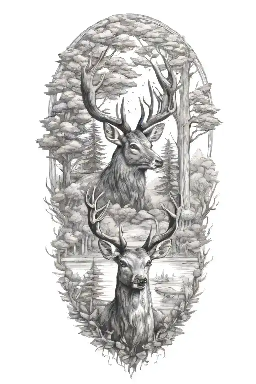 Family Of Deer Head With Trees