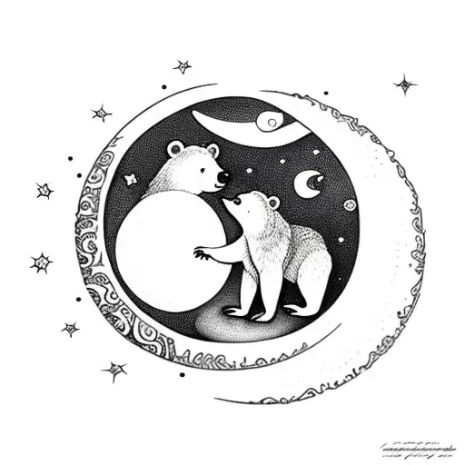 Mama Bear And Baby Bear Looking Up At Moon