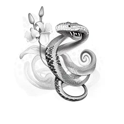 A Stylized Snake Wrapped Around A Delicate Orchid