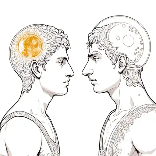 Gemini Twin Brothers Facing Each Other With Sun And Moon
