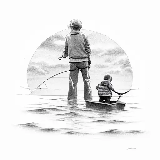 Fishing Scene With Grandpa And Grandchild On Boat