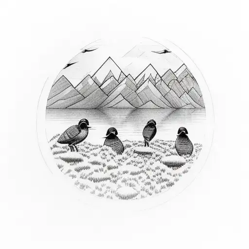 Feather With Mountains Inside Reflecting In A Lake With 4 Small Birds And 1 Large Bird