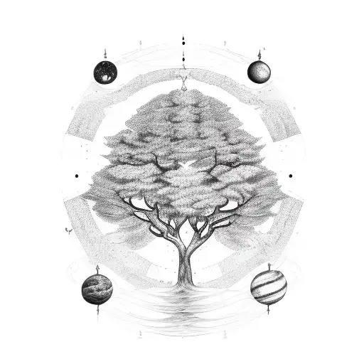 A Sketch Style Tattoo Of A Tree With Branches Made Up Of Different Animals And Planets