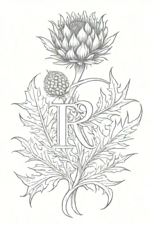 Initial R With Thistle Simplistic Tattoo Based