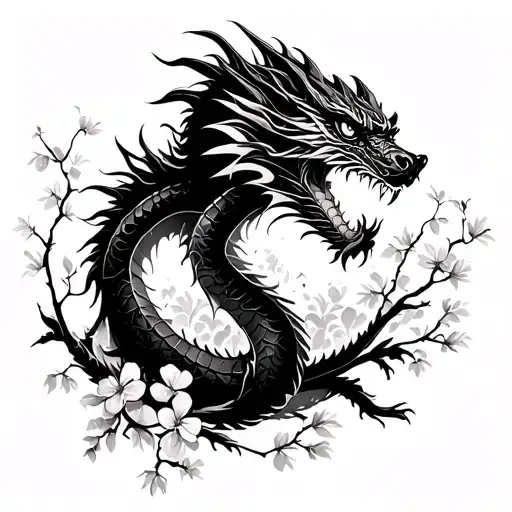 A Dragon Surrounded By Cherry Flowers