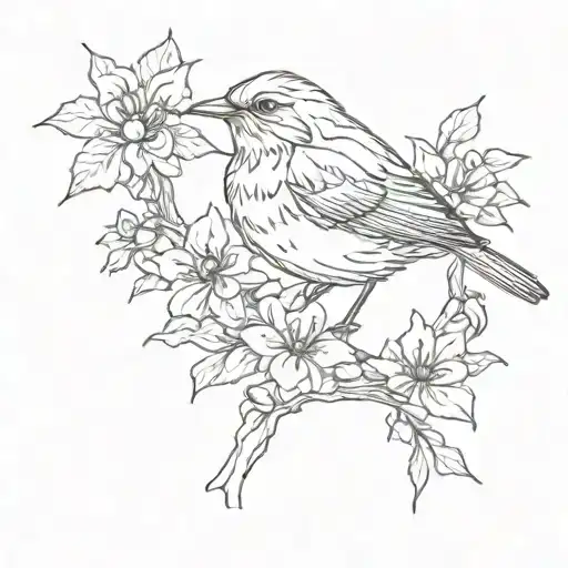 Robin With Flowers Outline