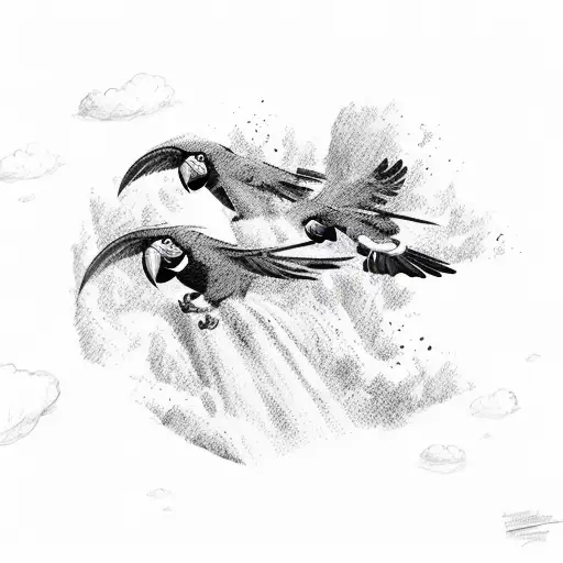 Colorful Macaws Flying Over A Waterfall In A Sketch Style