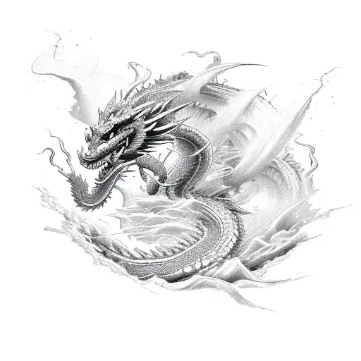 An Intricate Dragon Emerging From A Crashing Wave With Bolts Of Thunder In The Background