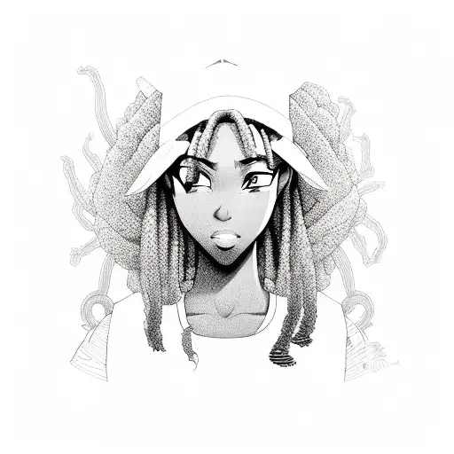 A African American Anime Character With Intricate Longs Dreadlocs In Black-grey Style