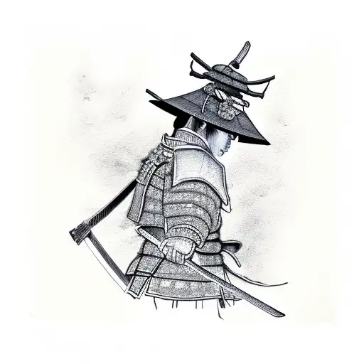 Samurai With Samurai Hat Standing In Rest