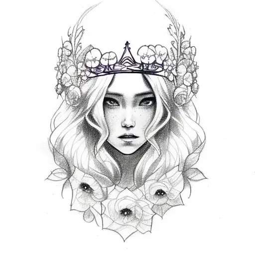 A Sketch-style Tattoo Of A Mystical Woman With Flowing Hair And A Crown Of Flowers