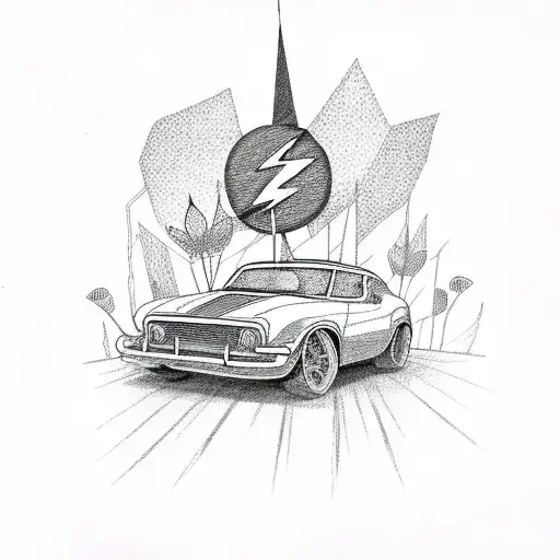 Lightning Bolt With A Road And Car And Flowers