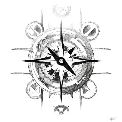 A Compass Intertwined With Gears And Clock Hands