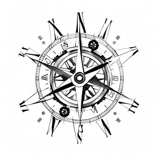 A Compass Intertwined With Gears And Clock Hands