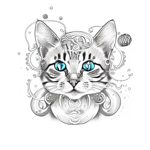 A Sketch-style Tattoo Of A Playful Cat Surrounded By Swirling Water And Tiny Jellyfish