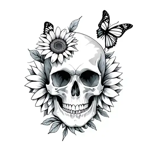 Skull With Butterfly's And Sunflowers
