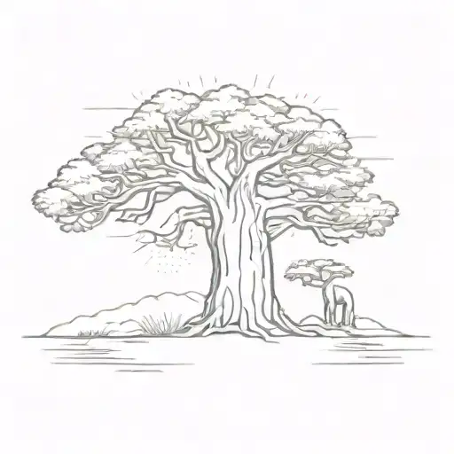 One Baobab With Small Sun In The Background