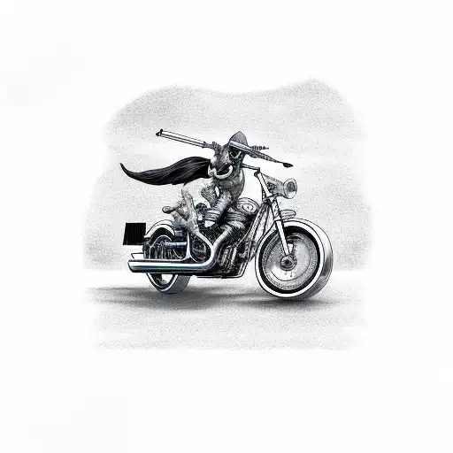 A Grim Reaper Riding A Motorcycle With Fish Swimming In The Exhaust Pipes