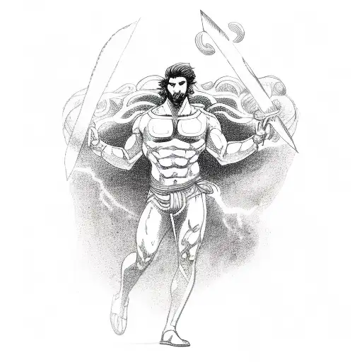 Greek God Caerus With A Background Of A Lightning Storm