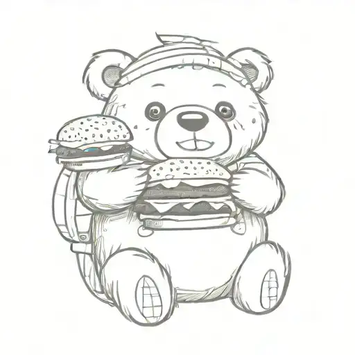 Cute Bear Seat And Holding A Burger