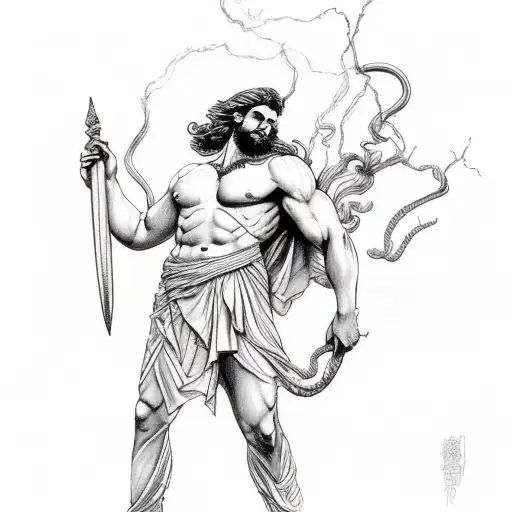 Greek God Caerus With A Background Of A Lightning Storm