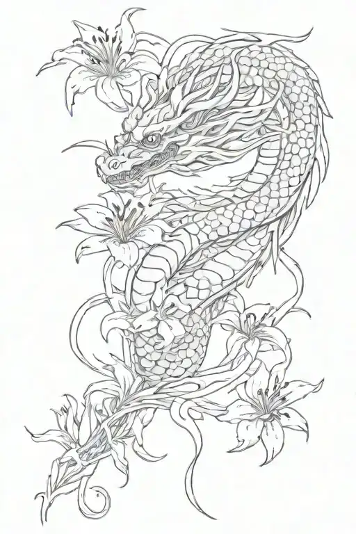 Japanease Dragon Wrapping Around A Spider Lily Flower