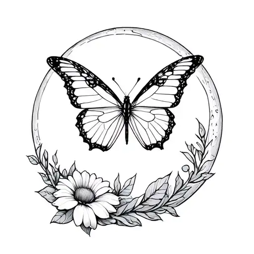 Butterfly With A Moon With Flourishes Inside The Moon And A Flower Guide