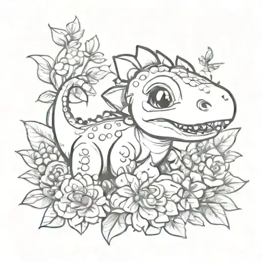 Cute Baby Dinosaur With Flowers
