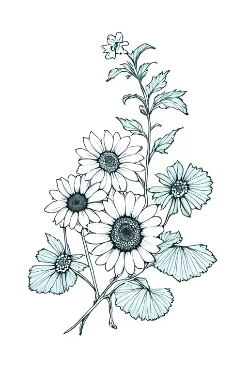 Forget -Me -Not And Ranunkel And Ginkgo Leaves And Sunflower