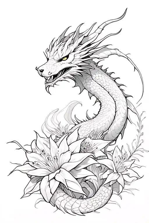 Dragon With Spider Lilies And A Oni Mask And A Kitsune Mask