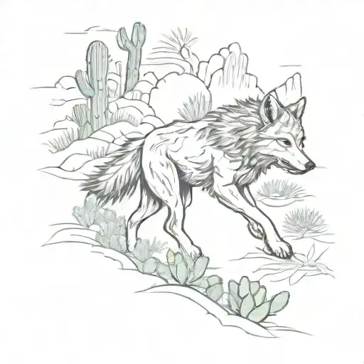 A Sketch Tattoo Of A Wolf Running Through A Forest Of Cacti In The Desert
