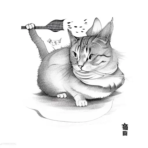 Fat Cat Sat On Back Holding Japanese Fan