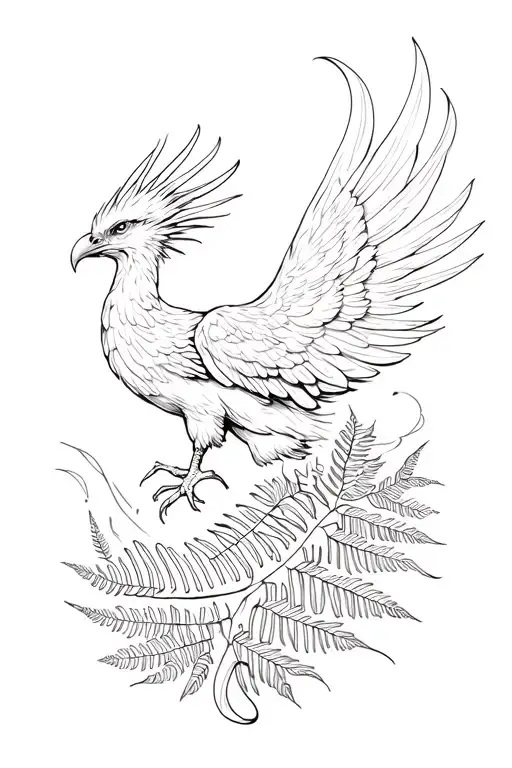 A Phoenix Rising From The Ash Accompanied By A Fern Intertwined On It