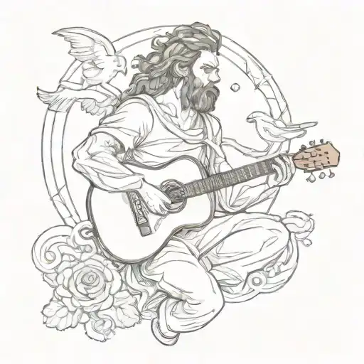 A Sketch Tattoo Of A Musician From Greek Mythology Playing A Guitar